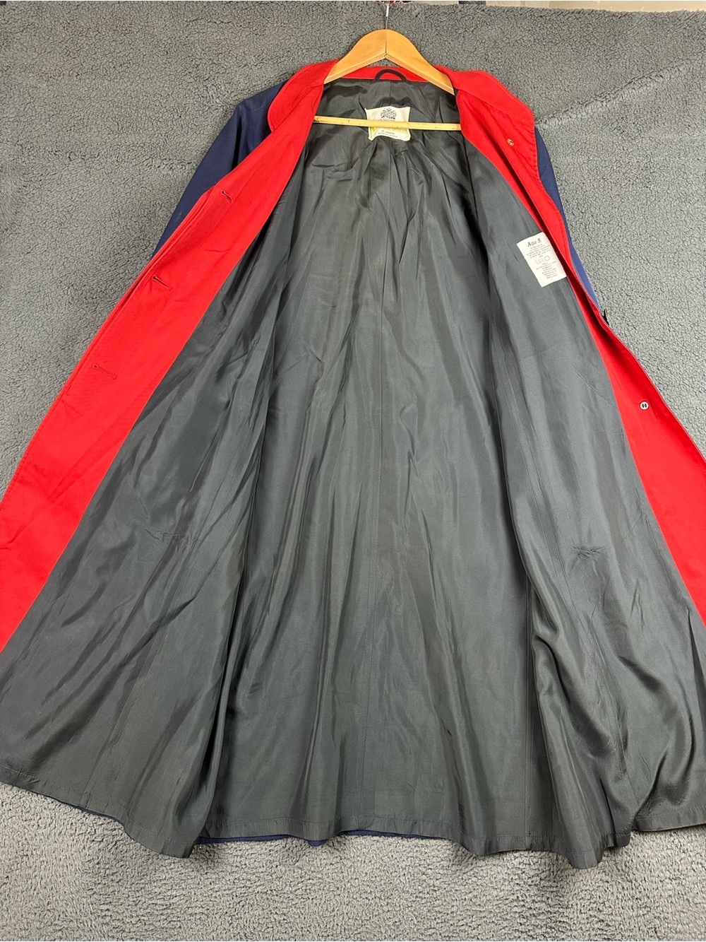 Vintage Aquascutum Aqua 5 Trench Coat Navy Blue Red Collar Made in Canada flaw - Picture 10 of 10